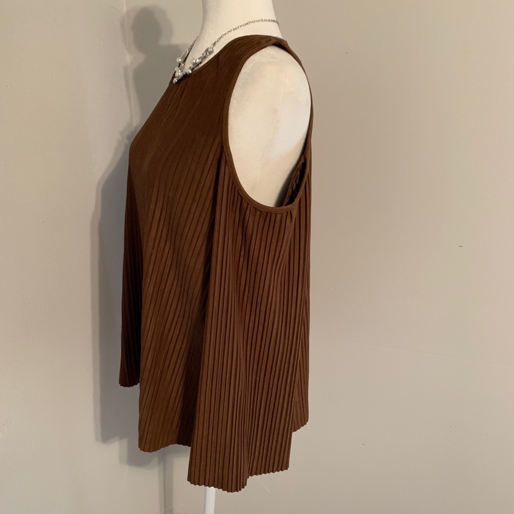 Chico Brown Pleated Faux-Suede Cold Shoulder Top - Picture 5 of 8